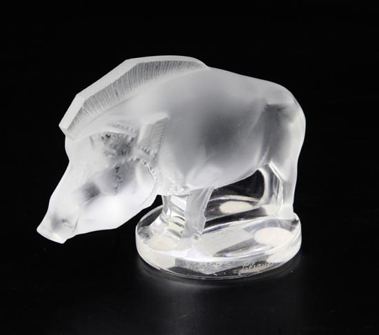 Sanglier/Wild Boar. A glass mascot by René Lalique, introduced on 3/10/1929, No.11802, height 6.5cm.